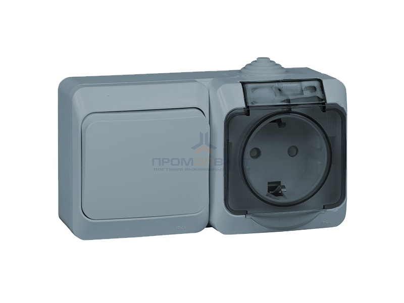 Блок переключатель одноклавишный + розетка с/з Этюд IP44 серый [уп 7шт]